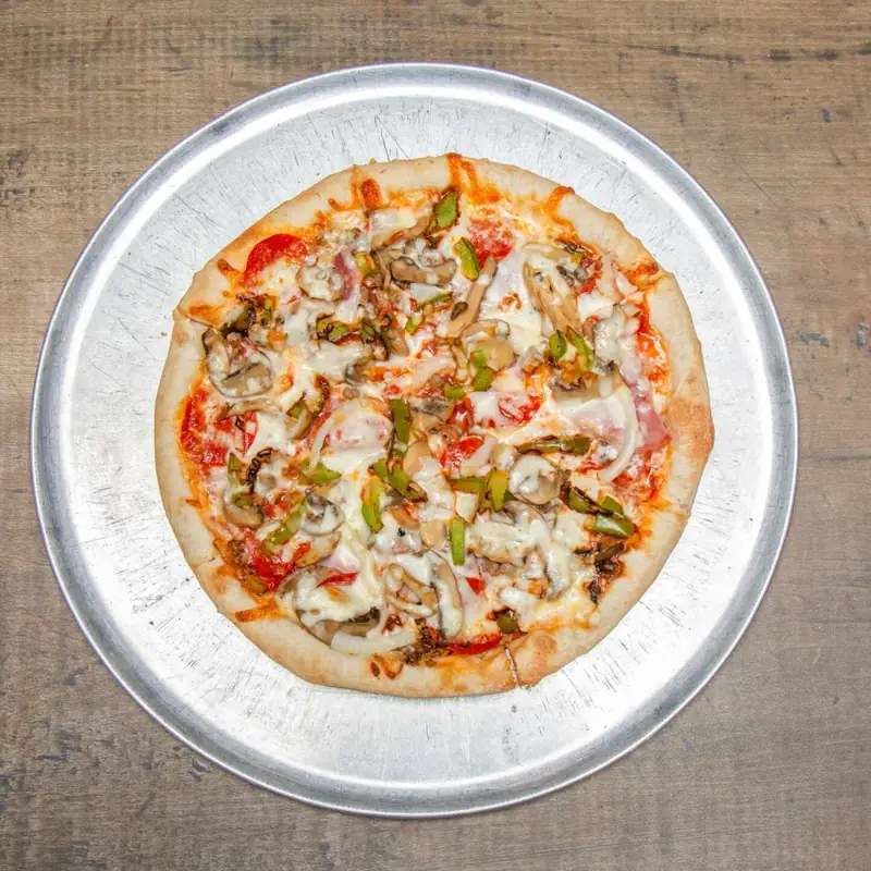 Tiano's Special pizza with pepperoni, sausage, ground beef, ham, onions and peppers